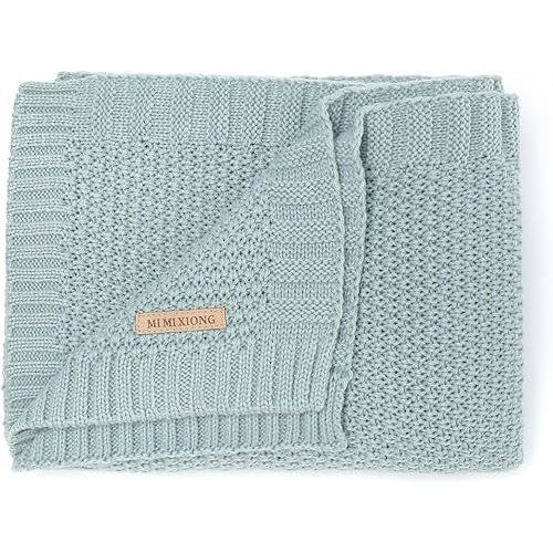 mimixiong Baby Blanket Knit Swaddle Blanket Soft Warm Crochet Neutral Receiving Unisex Baby Blanket for Boys and Girls Dusty- Color Blue 40 x 30 inches