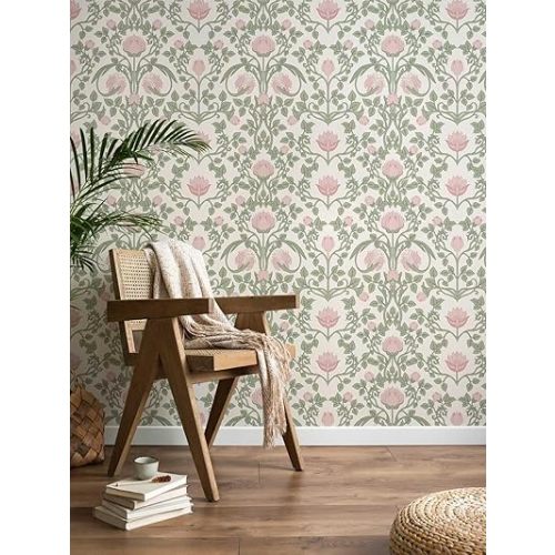 Peel and Stick Wallpaper Pink Floral Damask Wallpaper for Bedroom Decorative Self Adhesive Shelf Drawer Liner