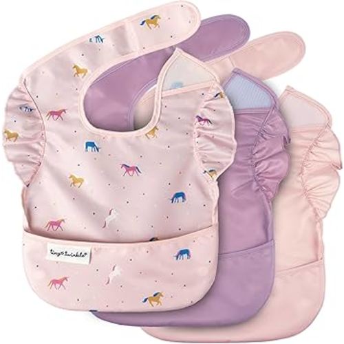 Tiny Twinkle Mess-Proof Baby Bibs for Eating | Waterproof, Wipeable Toddler Bibs with Catch-All Pocket | Feeding Bibs for Girls & Boys(3 Pack,Unicorn Set)