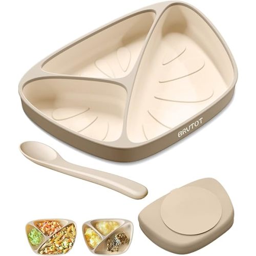 Strong Suction Plates for Baby & Toddler Non-Slip, BPA Free Silicone Divided Baby Plate with Suction and Spoon Set, Toddlers Dinner Dishes Microwave & Dishwasher Safe
