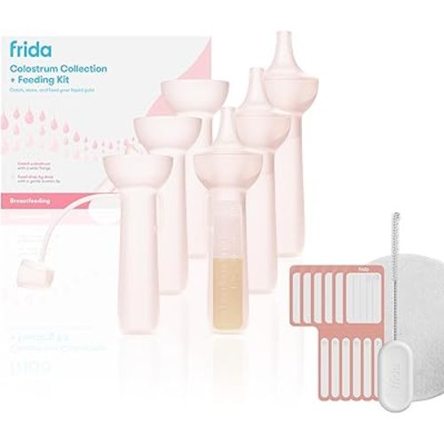 Frida Mom Colostrum Collection Kit, Catch, Store & Feed Breastmilk, Includes 6 Colostrum Collectors, 6 Labels, Cleaning Brush, Cloth & Case, Hospital Bag Ready, Safe Materials, 15pc kit