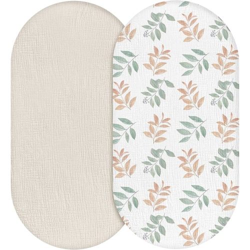 Muslin Bassinet Fitted Sheets 2 Pack, Soft Breathable Cotton Baby Bassinet Mattress Sheet Set, 360° Elastic Snug Fit, Universal for Oval, Rectangle & Hourglass Cradle, Baby Bedding (Bright Leaves)