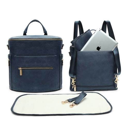 Diaper Bag Backpack Baby Diaper Bag by miss fong, Large Leather Diaper Backpack with 16 Pockets,Diaper Changing Pad, Stroller Straps & 2 Insulated Pockets (Convertible, Navy Meet Black)