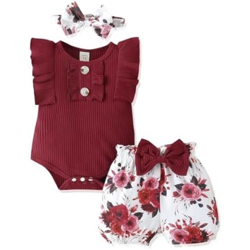Newborn Baby Girl Clothes Outfits Ruffle Romper and Short Pant Sets with Headband Infant Bodysuits