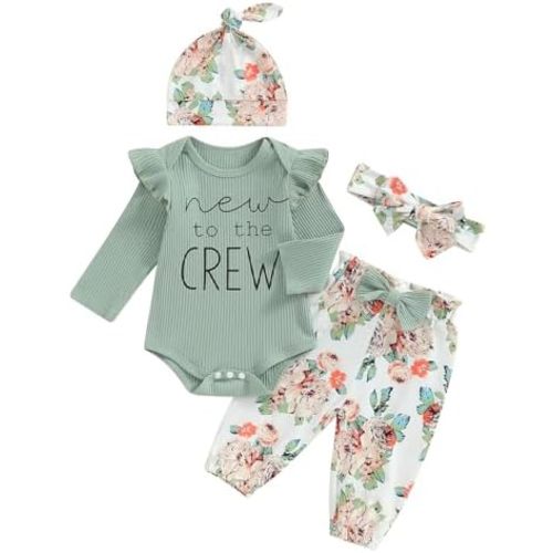 Madjtlqy Newborn Baby Girl Fall Winter Clothes Long Sleeve Ribbed Romper Top Bow Pants Headband Hat Set Coming Home Outfits