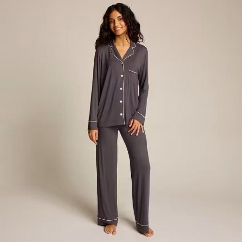 Piped Pajama Pant Set, Charcoal