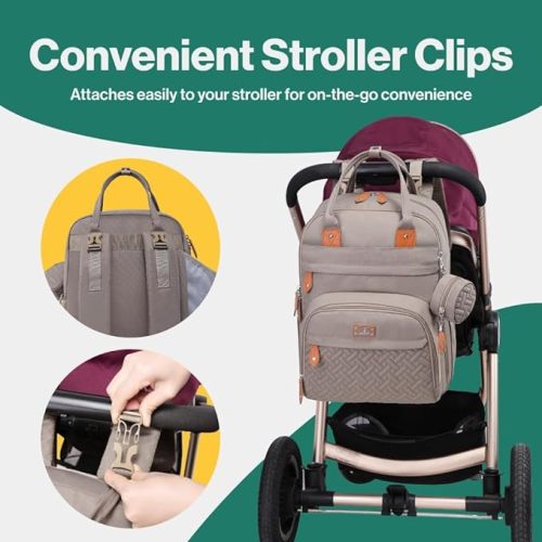 BabbleRoo Diaper Bag Backpack - Baby Essentials Travel Tote - Multi function Waterproof Diaper Bag, Travel Essentials Baby Bag with Changing Pad, Stroller Straps & Pacifier Case - Unisex, Khaki