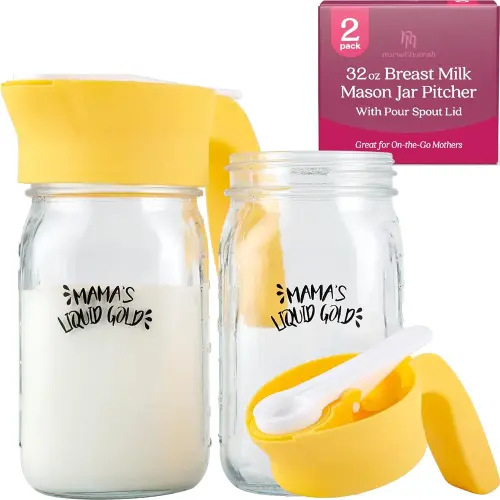 Nurse & Nourish 2-Piece Glass Breast Milk Storage Pitcher | 32oz | w/Pour Spout Handle | Fridge