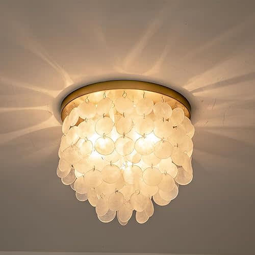 3-Lights Capiz Shell Ceiling Light Fixtures, Gold Boho Flush Mount Ceiling Light for Living Room, Bedroom, Kitchen Island, Foyer, Entryway, Seashell Coastal