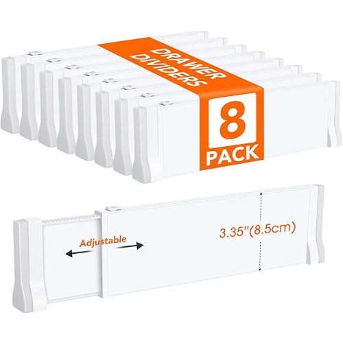 8 Pack Drawer Dividers for Clothes, 11.6''-19.6'' Adjustable Drawer Organizers 3.35'' High Expandable Separators Dresser Organizer for Clothes Kitchen Office Bathroom Drawer Organizers
