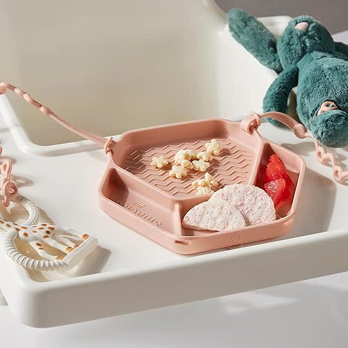 Smack Fun - The Original All-in-one Suction Plates + Safety Toy Straps - Silicone Suction Plates for Toddlers + Baby - First Foods + Self-Feeding. Comes with 2 straps (Blush)
