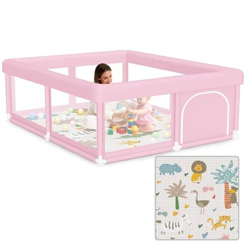 Large Baby Playpen with Mat 50"x50" Baby Girl Play Pen for Babies and Toddlers, Safe Structure and Soft, Skin-Friendly Fabric with Zipper Gates Pink