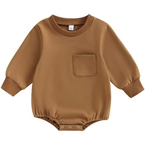 Baby Boy Girl Solid Color Sweatshirt Romper Oversized Long Sleeve Pocket Bubble Romper Sweater Bodysuit Outfit
