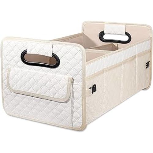 JiatuA Car Trunk Organizer for SUV, Car Storage Organizer Collapsible Multi Compartment Container Box Adjustable Car Accessories for Women Men, Beige