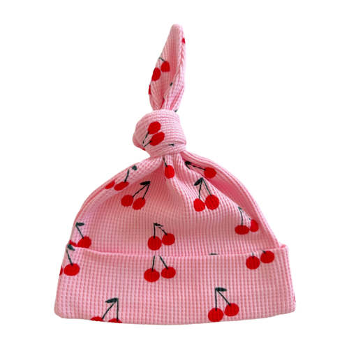 Organic Waffle Knot Beanie, Pink Cherries