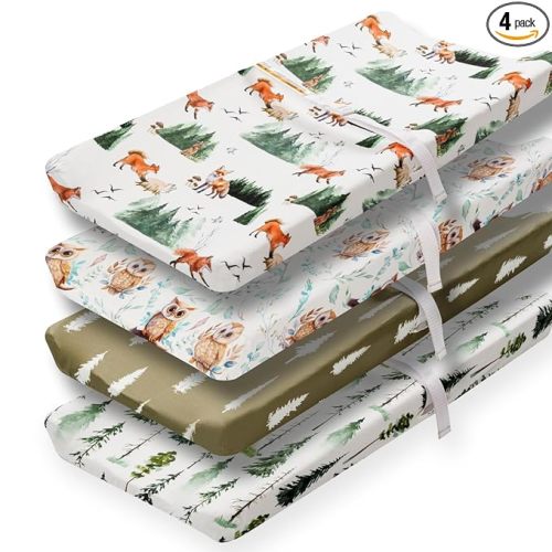 4 Pack Changing Pad Covers Woodland Forest Animals Wood Neutral Unisex Fitted Baby Changing Pad Cover Set for Baby Boys or Girls (Paint Fox)