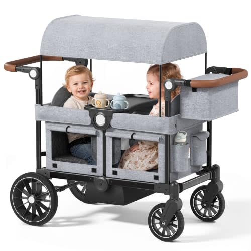 Kinder King Folding Wagon Stroller for 2 Kids, Shock-Absorbing Wheel, Gray | All-Terrain 2 Seater Stroller Wagon Outdoor, Removable Canopy, Adjustable Handle, Detachable Tray, Parent Organizer