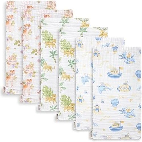 Maliton Muslin Baby Burp Cloths 20" x 10" - Large, 6-Layer, Ultra Absorbent 100% Cotton for Baby Drool & Messes, Soft, Pack of 6, Safe & Gentle Baby Rags for Boys & Girls - Floral