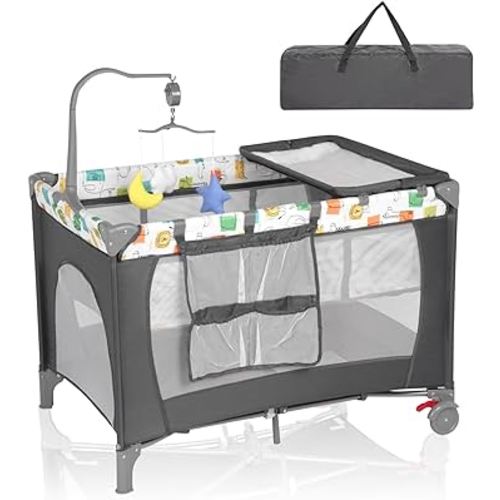 3 in 1 Portable Pack n Play, Foldable Baby Playard with Bassinet, Large Playpen for Infant and Toddler, Baby Bedside Crib with Newborn Diaper Changer, Travel Bag, Hanging Toys, Cartoon