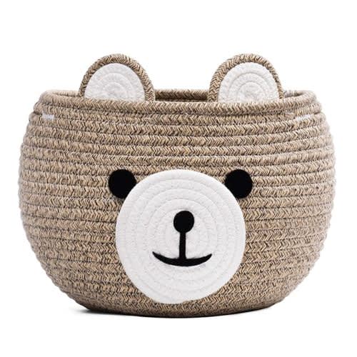 CherryNow Cotton Rope Basket Baby Basket for Nursery, Bear Gift Basket for Kids, Empty Baby Shower Basket with Handles, Small Cute Animal Basket, Light Brown, 10.5"D x 8.5"H
