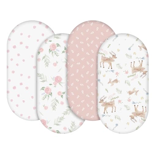Gllquen Baby Bassinet Sheets 4 Pack, Breathable Cozy Fitted Mattress Sheet, Elastic Travel Crib Fashionable Floral Pattern, Standard Cradle Safe Sheets for Baby Boy Girls 32"X16"(Deer & Rose)