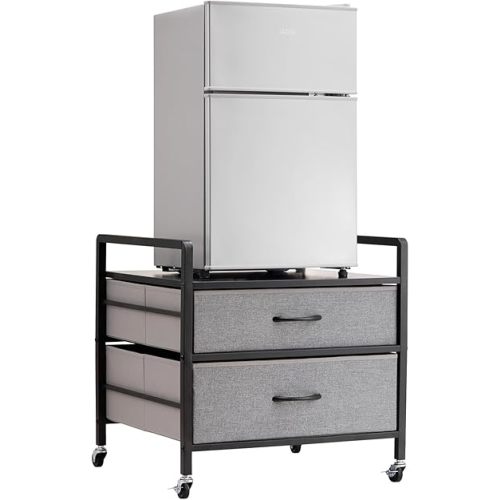 VEVOR Mini Fridge Stand with Storage, 176 lb-Capacity Mini Fridge Table with 2 Drawers & 4 Swivel Wheels, Mobile Mini Fridge Shelf, Gray Mini Fridge Organizer for Dorm, Apartment, Office, Bedroom