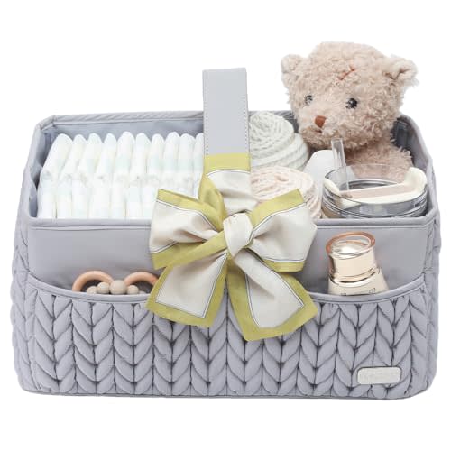 LUKJOJO Luxurious Baby Diaper Caddy, Nursery Storage Basket for Newborn Boy and Girl, Travel Baby Basket for Diapers Baby Wipes, Organizer Tote Bag Storage Bin, Baby Shower Gifts (light gray)