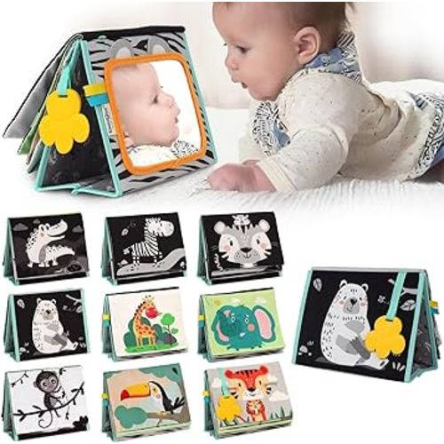 TINITIGIES Tummy Time Mirror for Babies - High Contrast Book with Large Stimulating Baby Safe Mirror & Silicone Teether & Crinkle Pages - Perfect Tummy Time Toys for Babies 0 3 6 9 Months