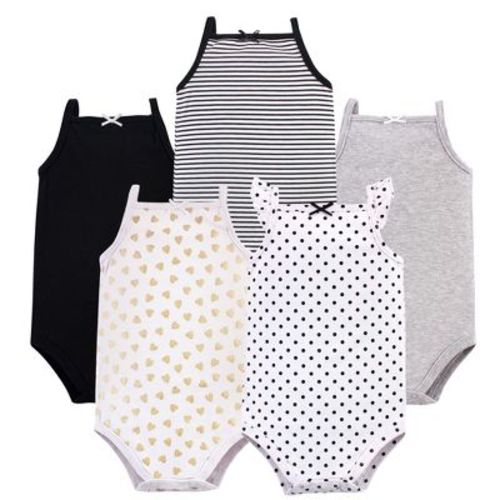 Hudson Baby Infant Girl Cotton Sleeveless Bodysuits 5pk, Basic Black Gold, 0-3 Months