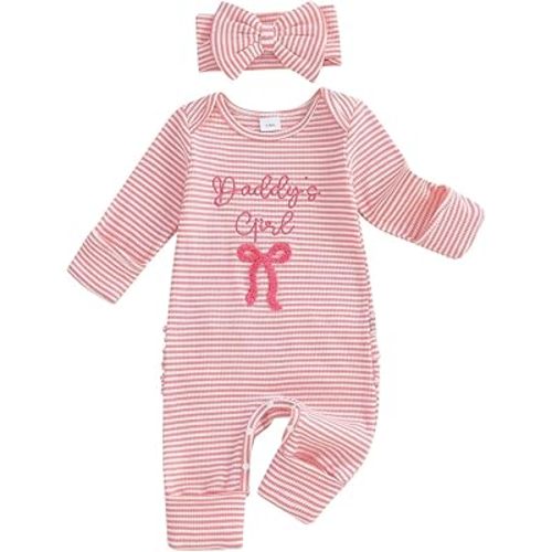 FIOMVA Im New Here Newborn Outfit Girl Long Sleeve Letter Romper Ribbed Knit Jumpsuit Baby Girl Preemie Coming Home Outfit