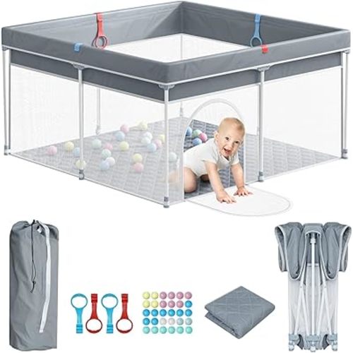 Giluta Foldable Baby Playpen with Mat, Portable Playard for Babies and Toddlers, No Assembly Required, Indoor & Outdoor Kids Safety Play Pen Area, Travel Baby Fence, Playpen 50" × 50"