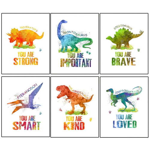 Uccdo 6 Pack Unframed Wall Art Decor Canvas Prints Dinosaurs Art Paitings Gifts for Kids Room, Playroom, Nursery Room Decoration, Dino Room Decor, 8x12 Inch