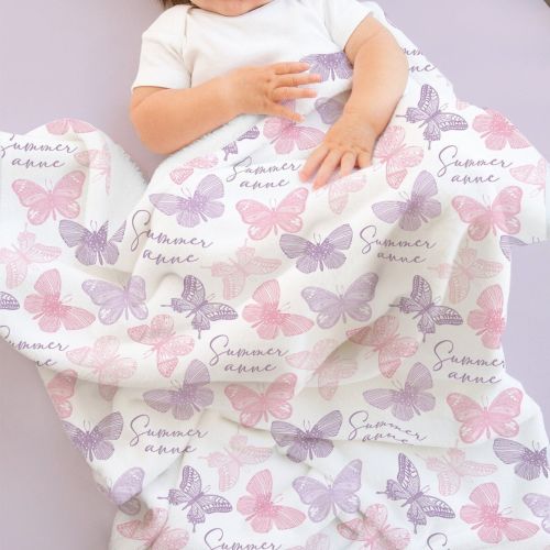 Pink and Purple Butterfly Personalized Baby Girl Blanket/Vintage Butterfly Swaddle with Name/Baby Shower Gift /Throw for Crib Nursery