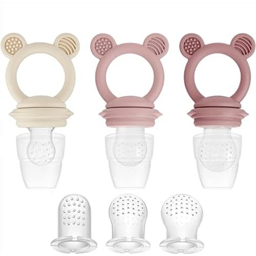 PandaEar 3 Pack Baby Fruit & Food Feeder Pacifier, Silicone Feeder Pacifier with 3 Sizes Pouches for Babies Toddlers Infants Kids, BPA-Free Food Grade Soft Safe (Pink/Linen)