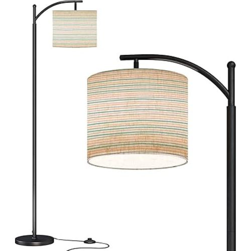Modern Arc Floor Lamp with Dimmer Mid Century seamless colorful stripes for kids nursery bedroom Pastel drawn uneven Metal Standing Lamp with Linen Shade Footswitch for Living Room Bedroom Office