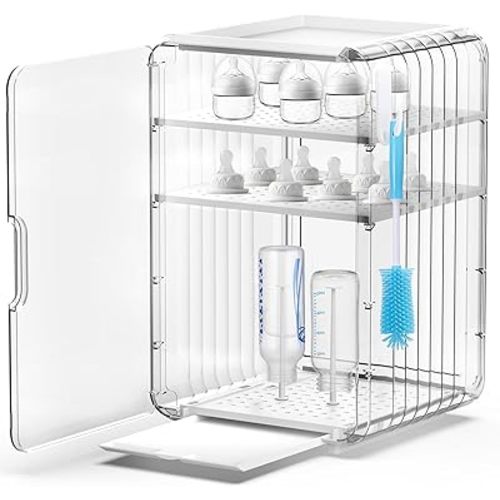 XANGNIER Baby Bottle Organizer,Clear Baby Bottle Storage Organizer for Countertop and Cabinet,with Drying Rack and Hook,Space-Saving,Multifunctional Bottle Station Organizers Accessories