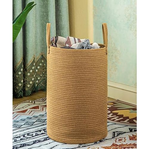 50L Woven Laundry Basket with Handles,Collapsible Cotton Rope Laundry Hamper,Wicker Clothes Hamper Laundry Bin Storage Basket for Blanket Brown