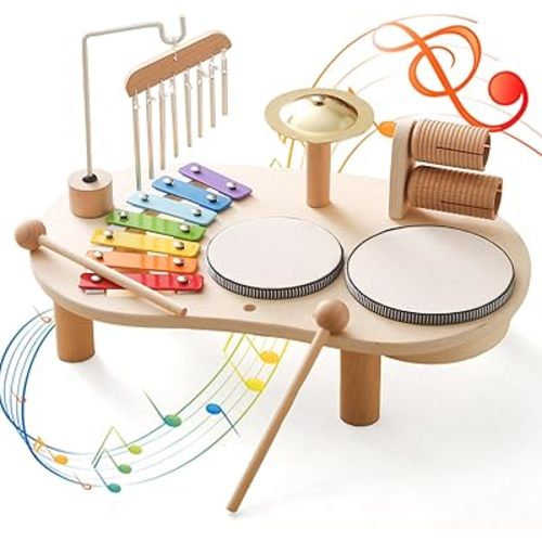 Promise Baby Musical Instruments, Wooden Percussion Instruments for Kids Drum Set Xylophone, Montessori Preschool Educational Toddler Musical Toys, Gifts for Girls Boys