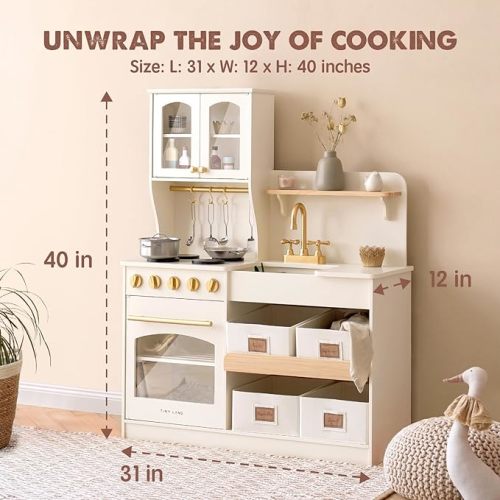 Tiny Land Play Kitchen for Kids, Wooden Play Kitchen with Toy Storage System, Toy Kitchen Set with Plenty of Play Features, Kids Play Kitchen Designed, Gift for Ages 3+ - White