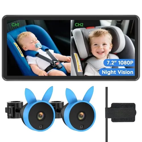 BV3PRO Baby Car Camera for 2 Kids, 7.2" 1080P HD Dual Screen, Soft Night Vision Comfortable for Baby, Baby Car Monitor for 2 Boys, Safe Driving for Back Seat and Pets