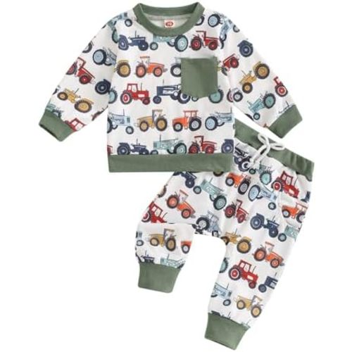 2Pcs Baby Boy Farm Outfits Long Sleeve Tractor Print Pocket Sweatshirt Pants Set Toddler Boy Tracksuit Clothes Set