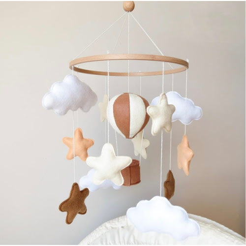 Neutral Hot Air Balloon Mobile for Crib Boho Baby Crib Mobile for Girls Boys Stars & Clouds Hot Air Balloon Baby Mobile for Crib
