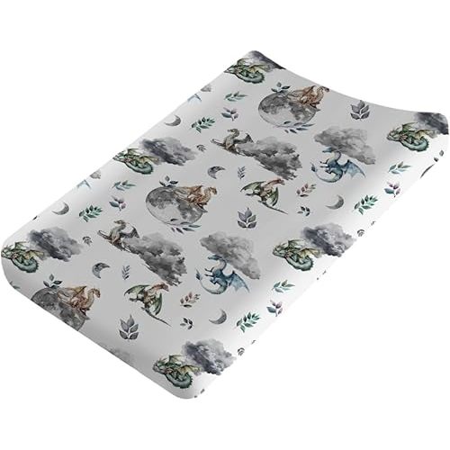 Watercolor Dragons Fairytale Baby Changing Pad Covers Dragon Wings Leaves Moon Clouds Diaper Changing Table Sheets for Boy Girl Soft Breathable Stretch Diaper Change Pad Table Covers Mats 32''x16''