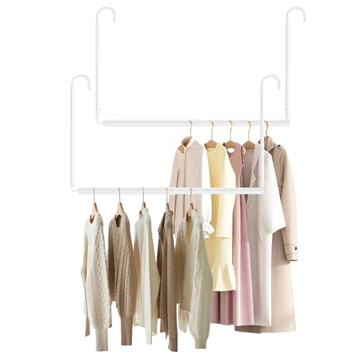 Hanging Closet Rod Adjustable Width Height Closet Rod For Hanging Clothes White 2 Pack Closet Extender Hanging Rod Clothes Space-Saving Hanging Bar Organizer