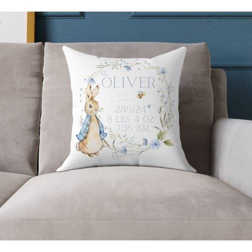 Classic Peter Rabbit Baby Pillow, Baby Birth Stat Pillow, Personalized Newborn Cushion, Boys Nursery Decor, Wildflower Peter Rabbit Cushion