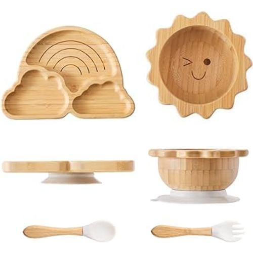 Bamboo Suction Plates Bowls Set for Baby Toddler Divided Platter Food bowl with Silicone Fork & Spoon All-Natural Baby Feeding Set for Baby-Led Weaning, Non-Slip Design