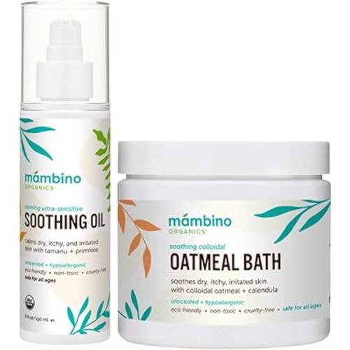 Organic Ultra-Sensitive Skin Calming Set - Natural Colloidal Oatmeal Bath Powder and Soothing Oil - All Natural Fragrance Free with Jojoba & Evening Primrose Oil - 11 oz by Mambino Organics…