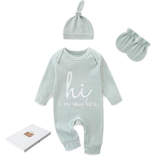 Jomixa Newborn Girls and Boys Romper, Hi I’m New Here Long Sleeve Cotton Baby Clothes, Coming Home Outfit (Green, 0-3 Months)