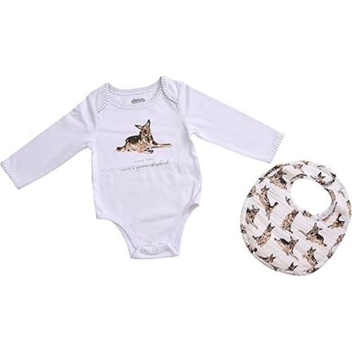 MUD PIE Baby Dog Breed Bodysuit and Bib Set, German Shepherd, 0-6 Months