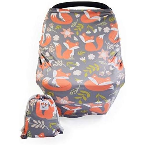 Baby Car Seat and Nursing Cover Up for Breastfeeding Moms | Multi-use 5-in-1, Breathable, Soft, Stretchy, Washable, Universal Fit | Cute Unisex Woodland Fox Pattern